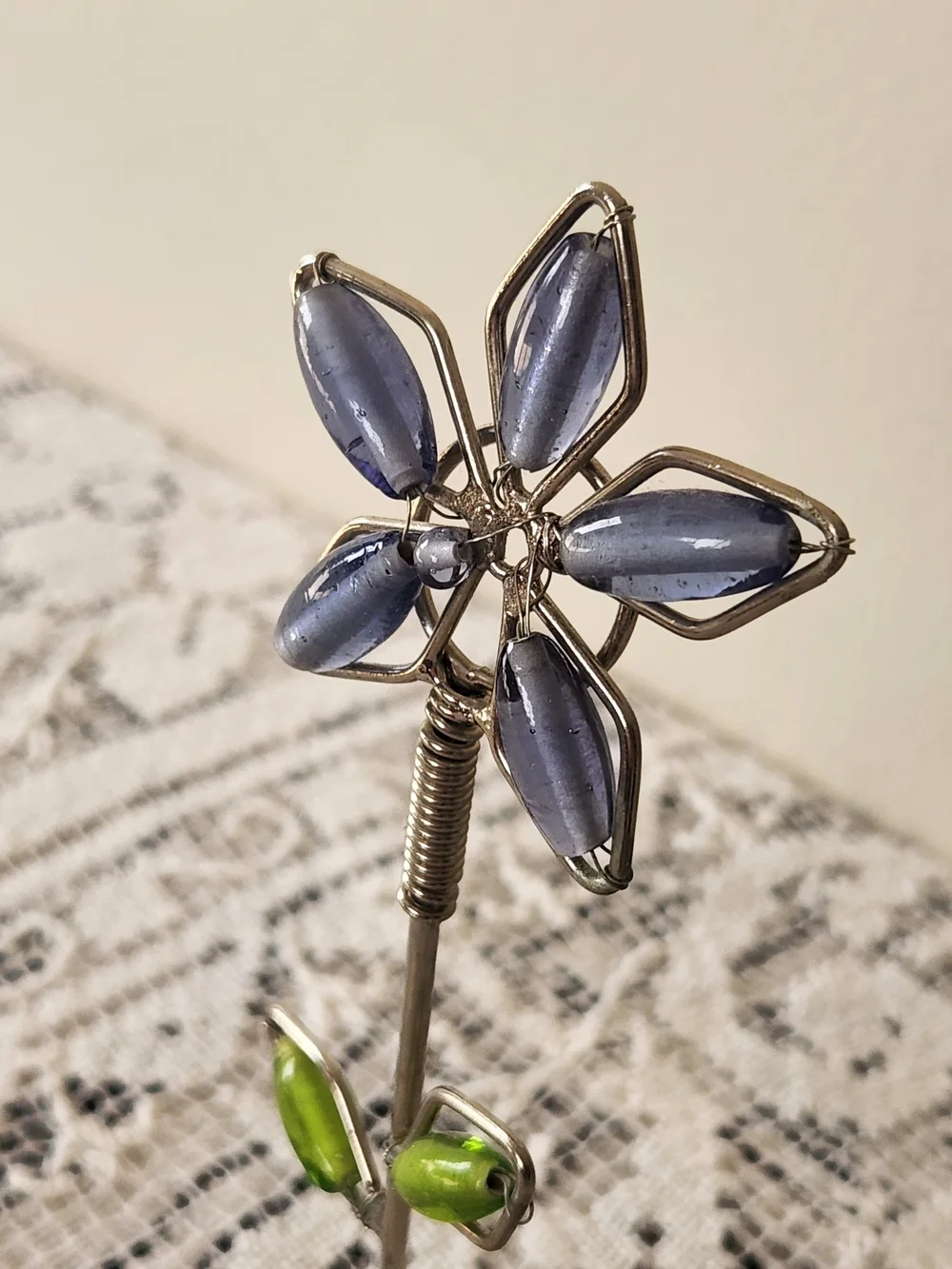 Blue Glass Flower Notice / Photo Holder with Green Leaves